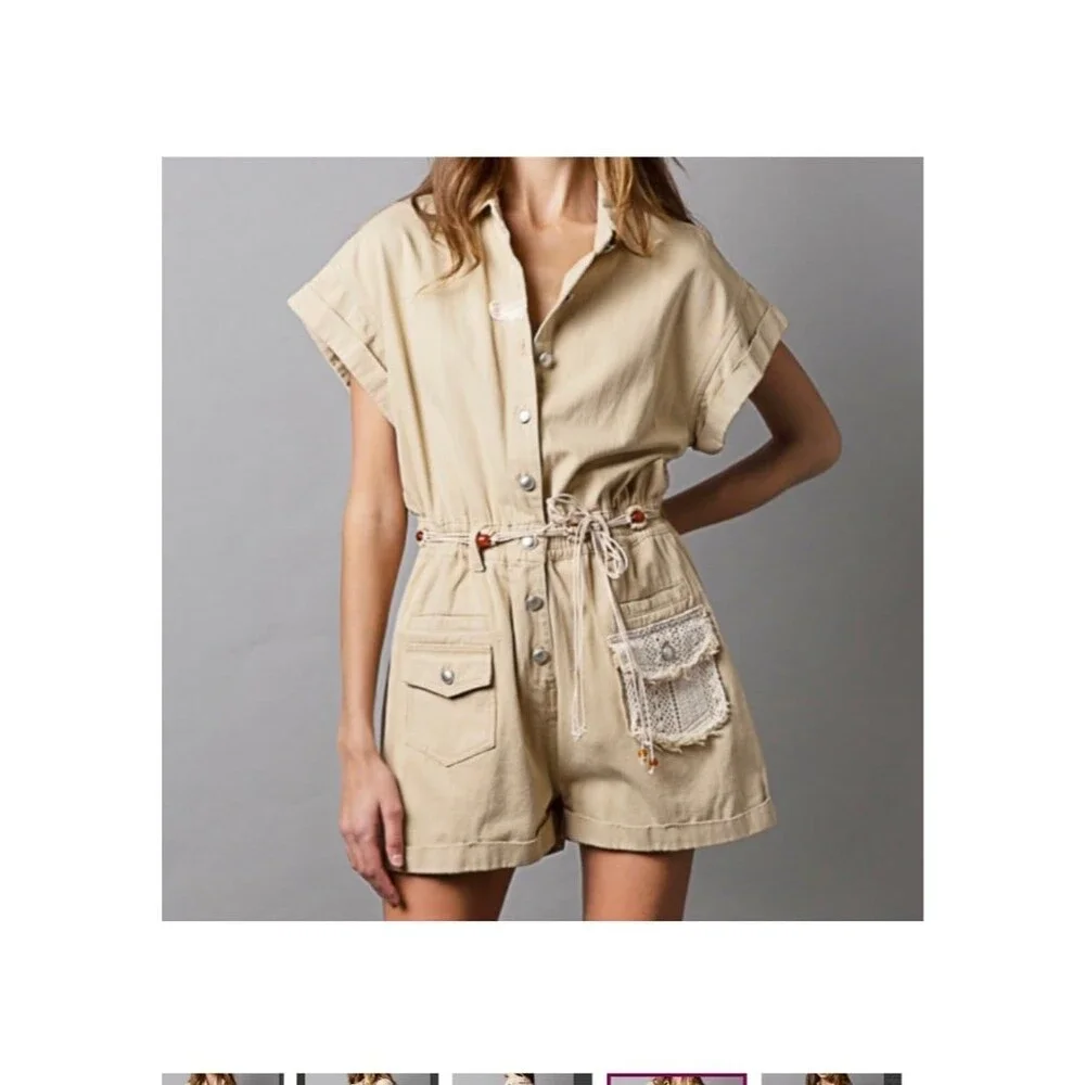 POL romper pol shorts NEW LARGE off white jean romper no belt POL one piece snap